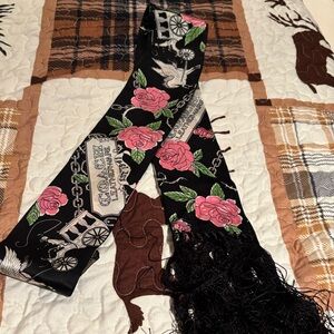 Coach Black Silk Scarf with Pink Rose Print